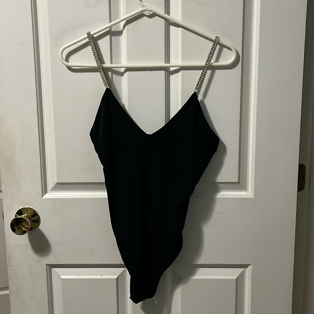 Just Polly New York Rhinestone Strapped Black Bodysuit size M